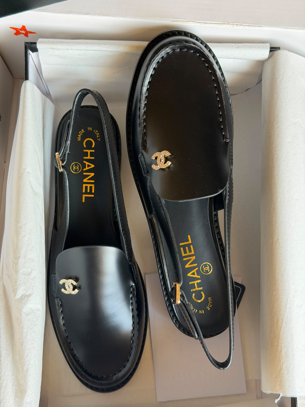 Chanel CC Logo Slingback Leather Loafers