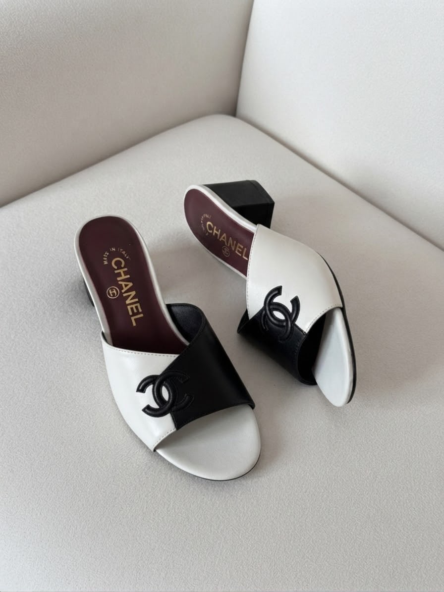 Chanel Two-Tone Leather CC Logo Mules