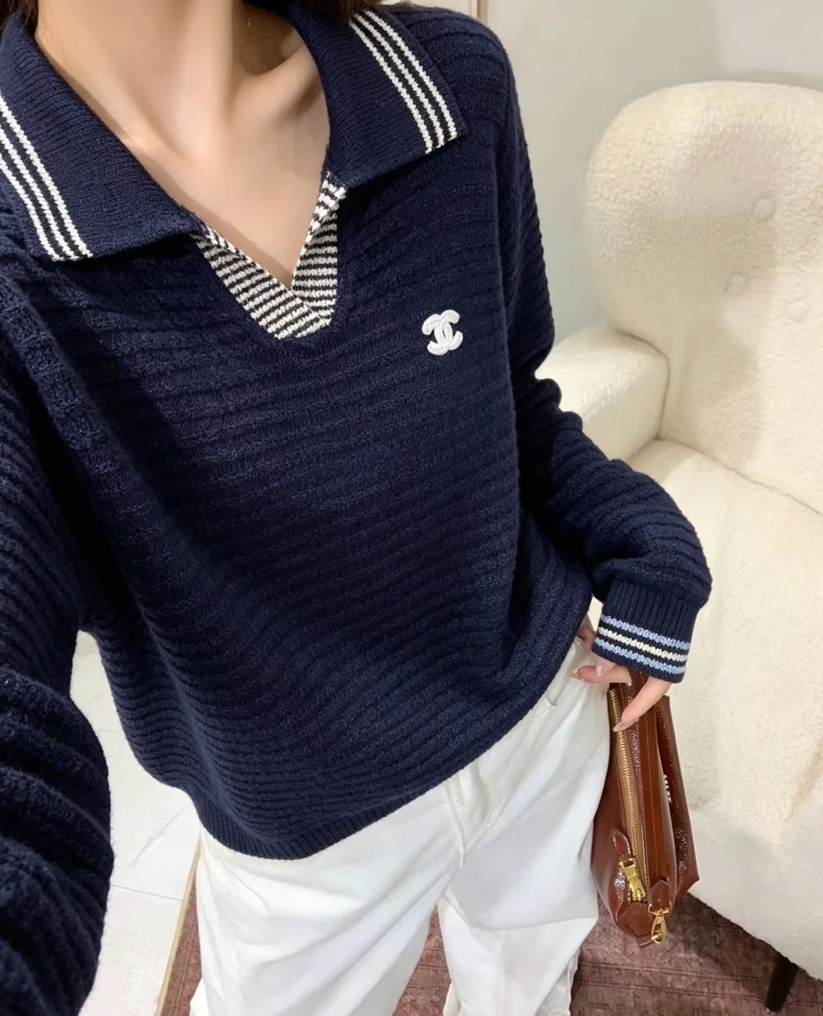 Chanel Knit Polo Sweater with CC Logo
