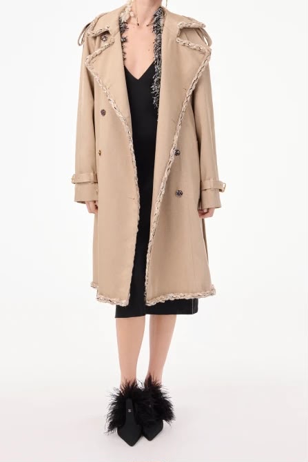 CHANEL Beige Contrast-Trim Belted Trench Coat