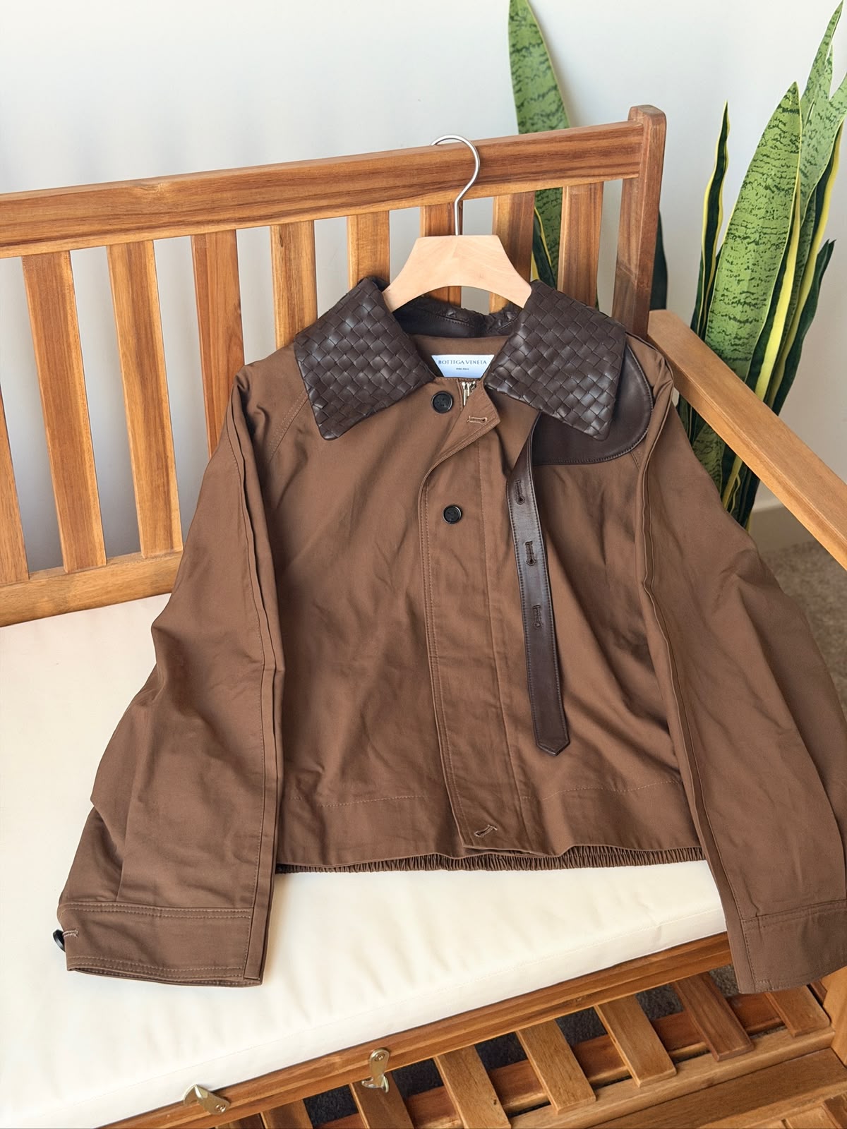 Bottega Veneta Crop Jacket with Contrast Woven Leather Collar