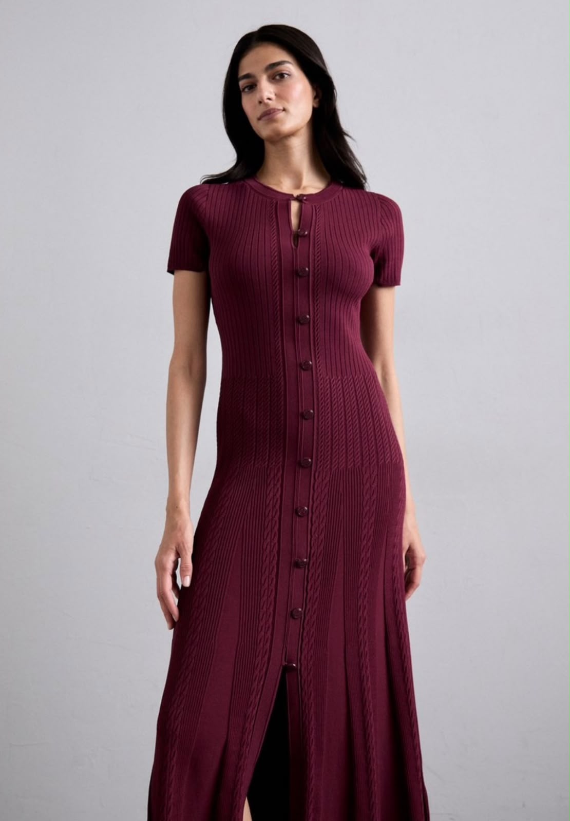 Sandro Short-Sleeve Ribbed Knit Button-Front Midi Dress
