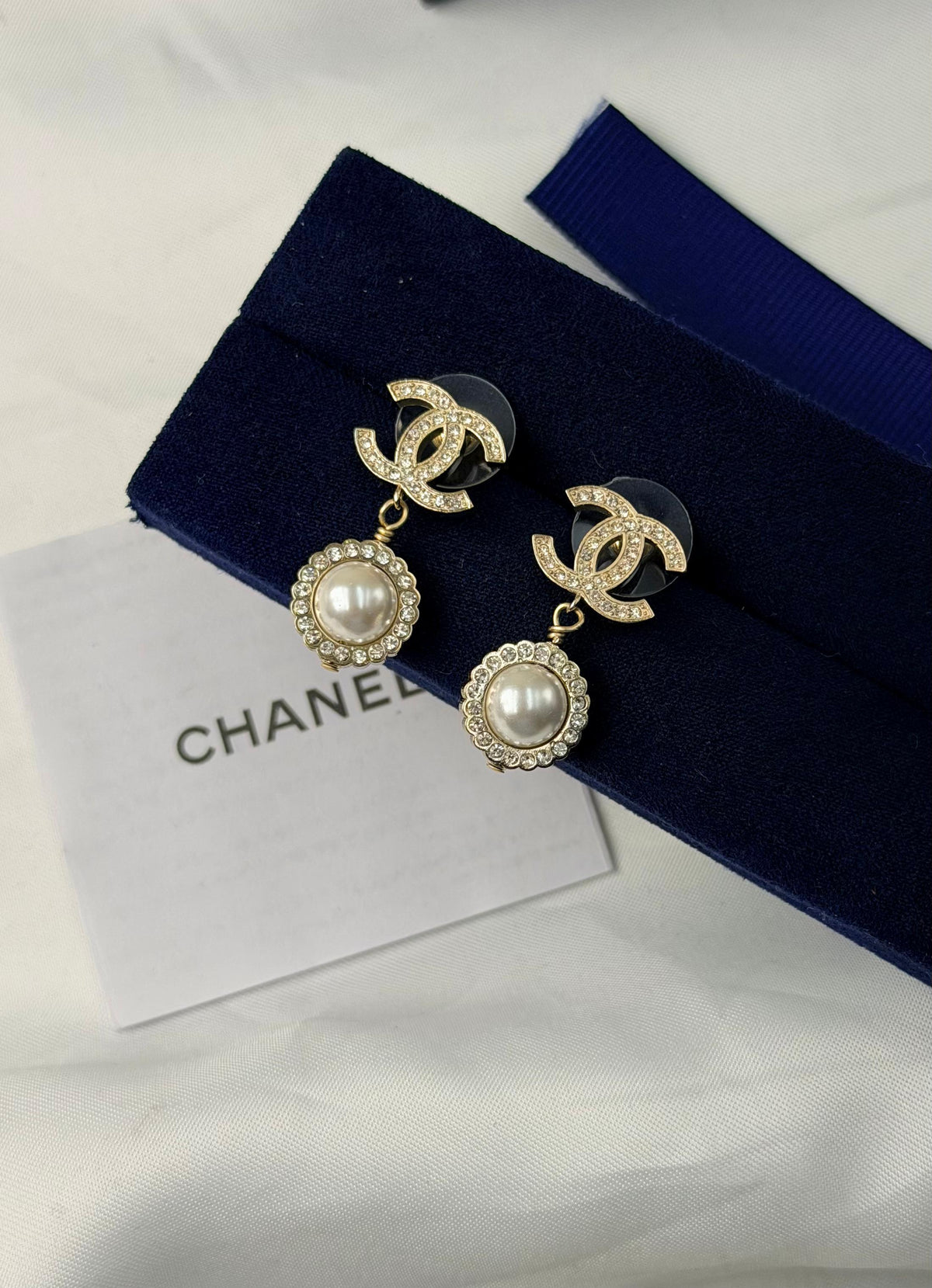 Chanel-Inspired Gold CC Crystal Pearl Drop Earrings