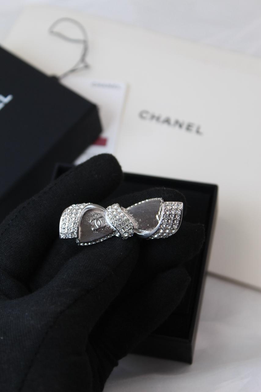 Chanel-Inspired Silver-Tone Crystal Bow Brooch