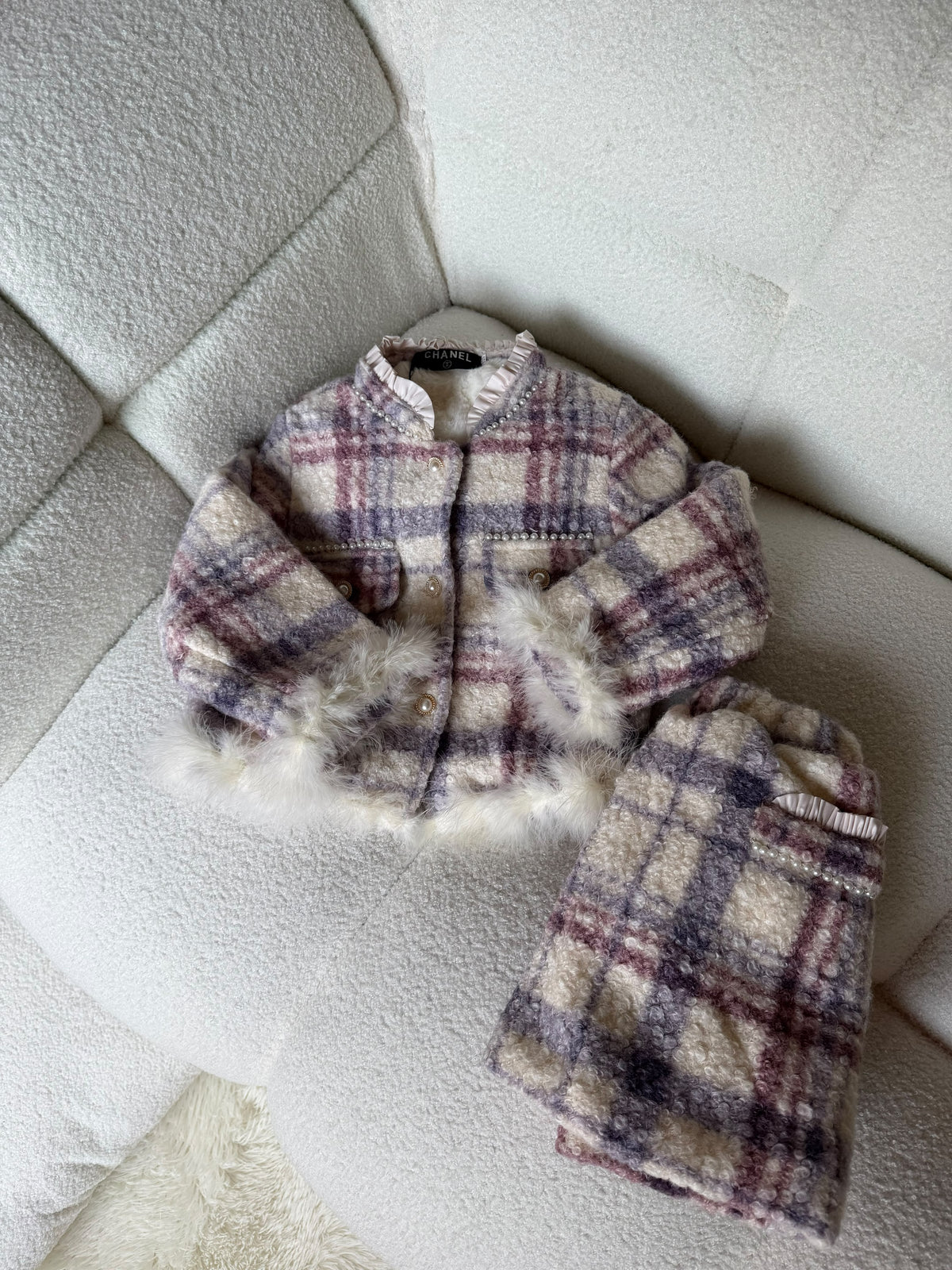 Chanel Kids Pastel Check Feather Trim Skirt Set