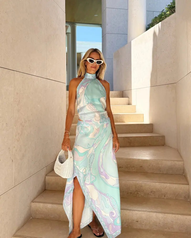 Pucci Orchidee Silk Twill Halterneck Top and Matching Maxi Skirt Set