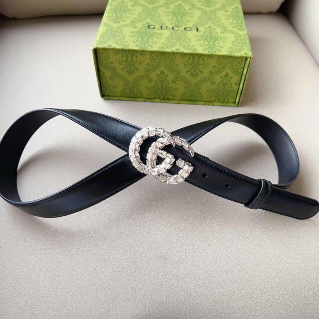 GUCCI Crystal Double G Leather Belt
