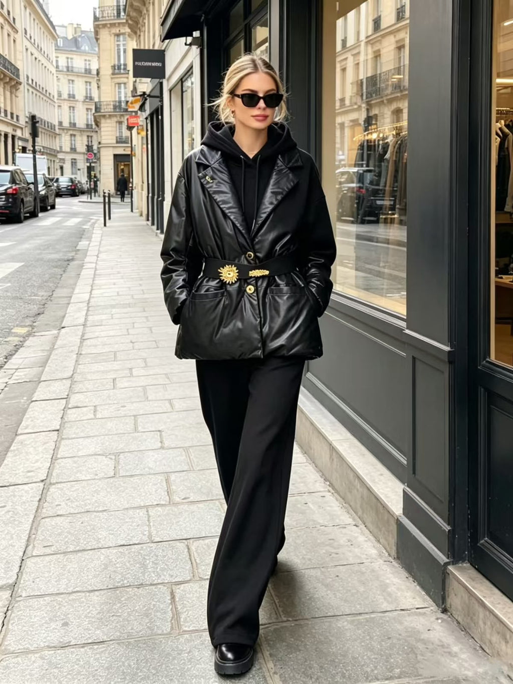 Schiaparelli Belted Leather Puffer Jacket with Hardware Detail