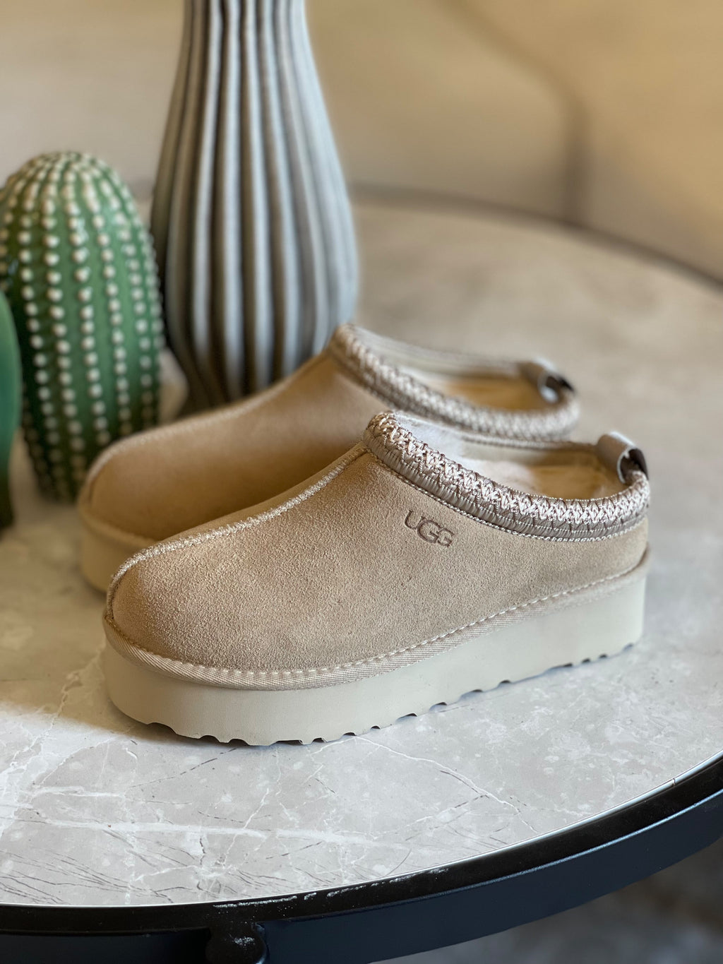 UGG Braided-Trim Platform Mule Flats