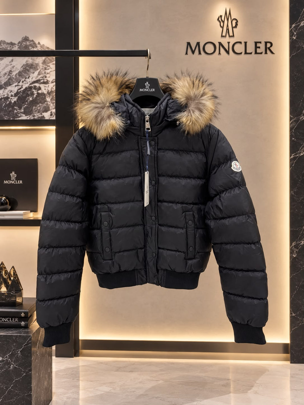 Moncler Maya Short Down Jacket with Fur-Trimmed Hood