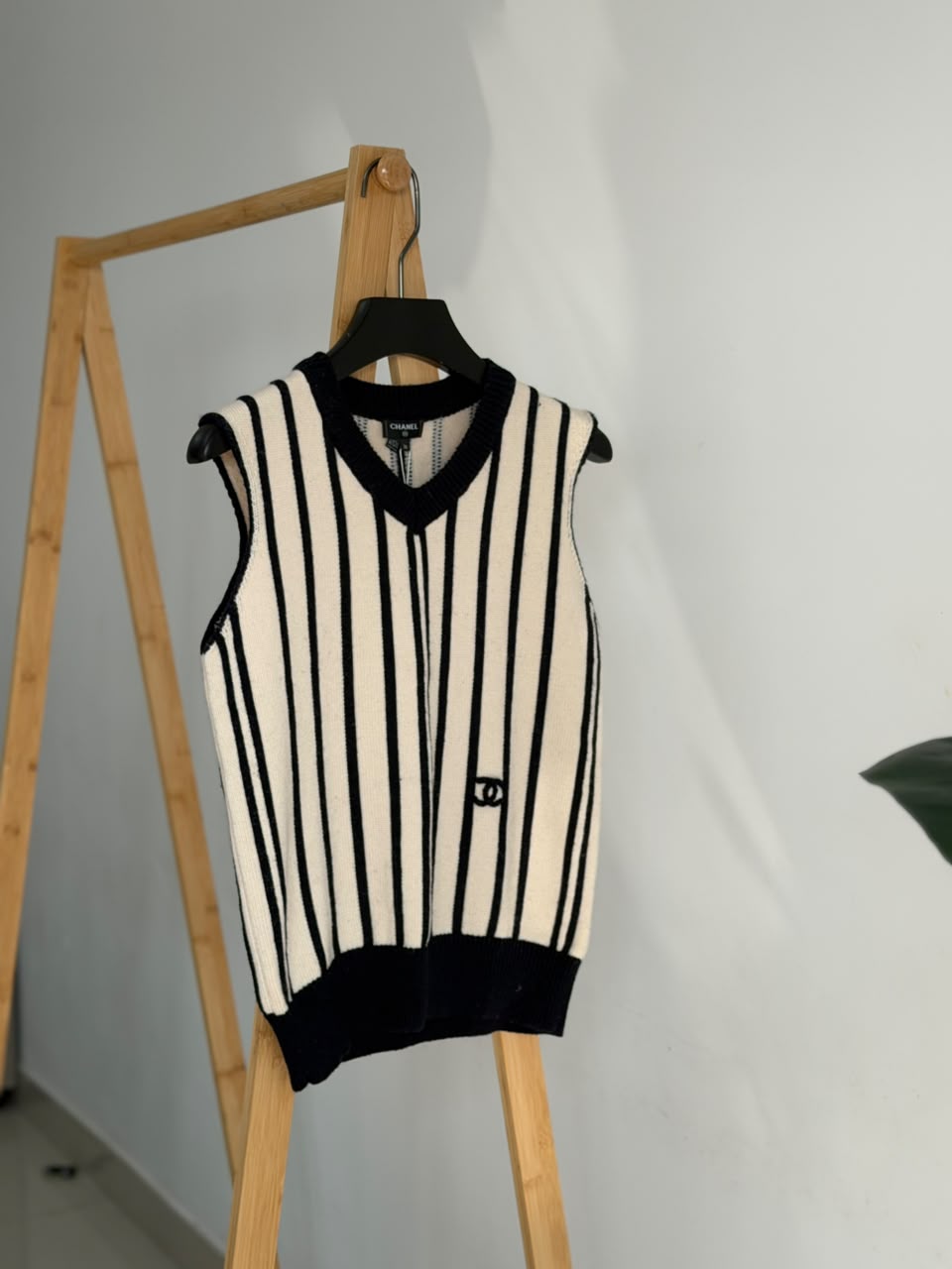 CHANEL Striped V-Neck Knit Vest