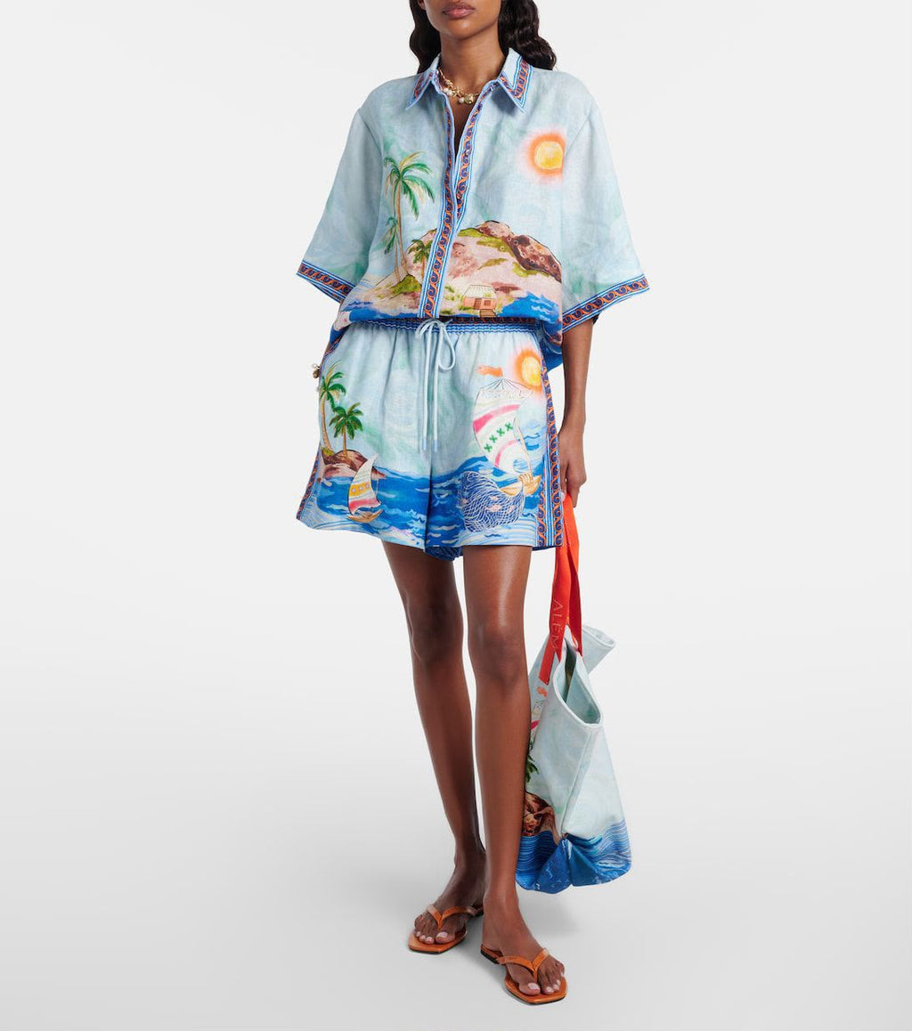 Alémais Resort Scene Print Linen Shirt and Drawstring Shorts Set