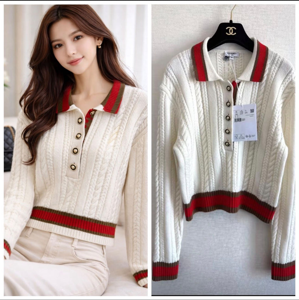 CHANEL Cable-Knit Polo Sweater