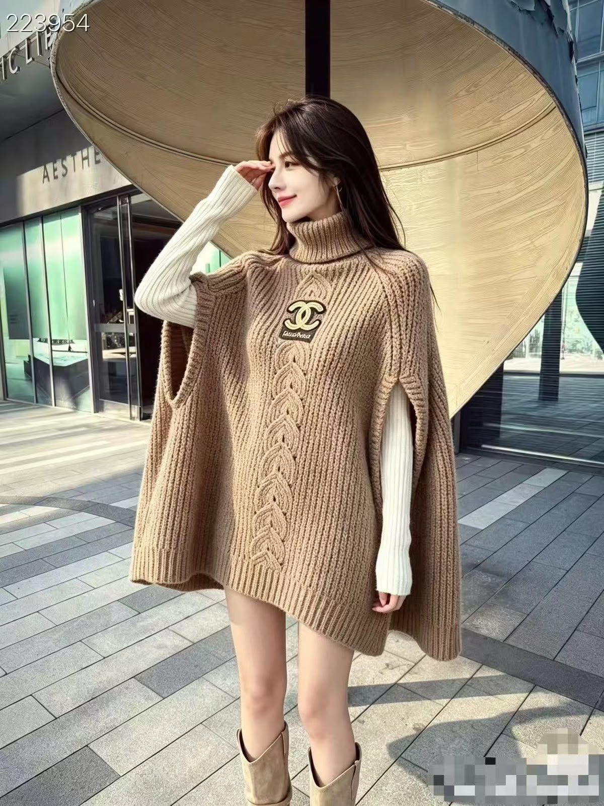 Chanel Cable Knit Turtleneck Poncho Sweater