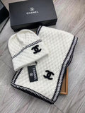CHANEL Textured Border Scarf & Beanie Set