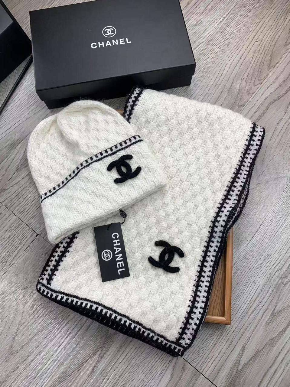 CHANEL Textured Border Scarf & Beanie Set
