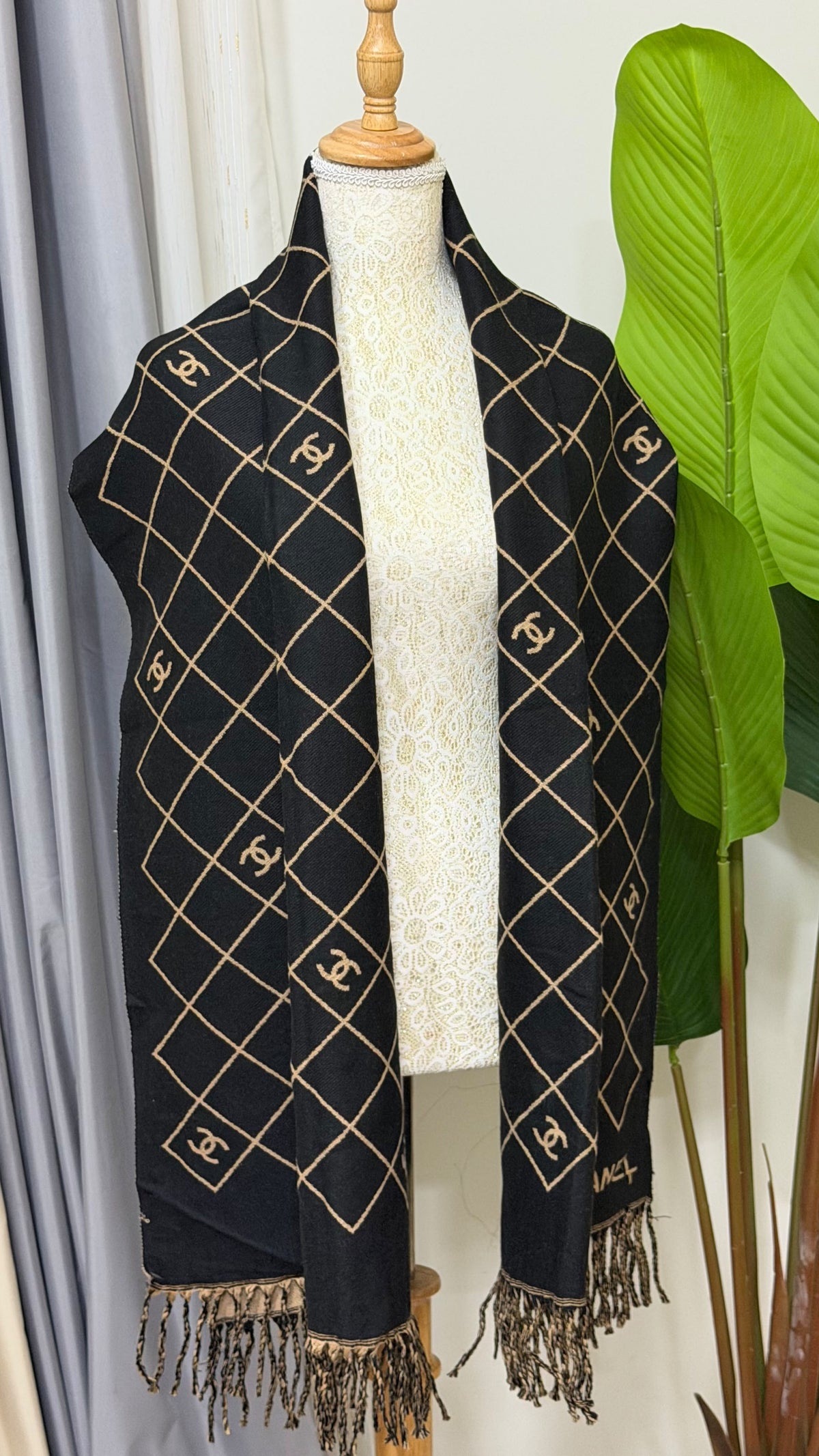 CHANEL Gold Diamond Fringed Scarf