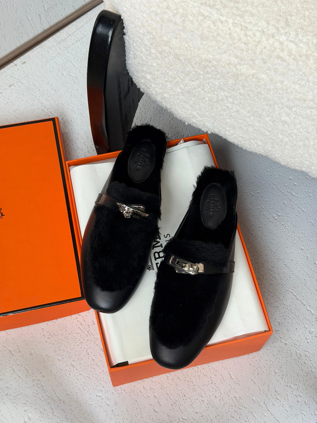 HERMES Fleece-Trim Mule Flats