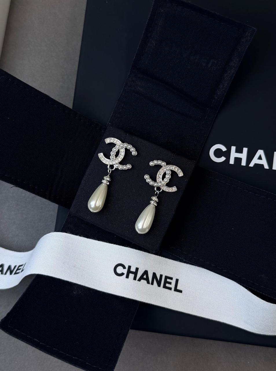 Chanel CC Crystal Pearl Teardrop Earrings