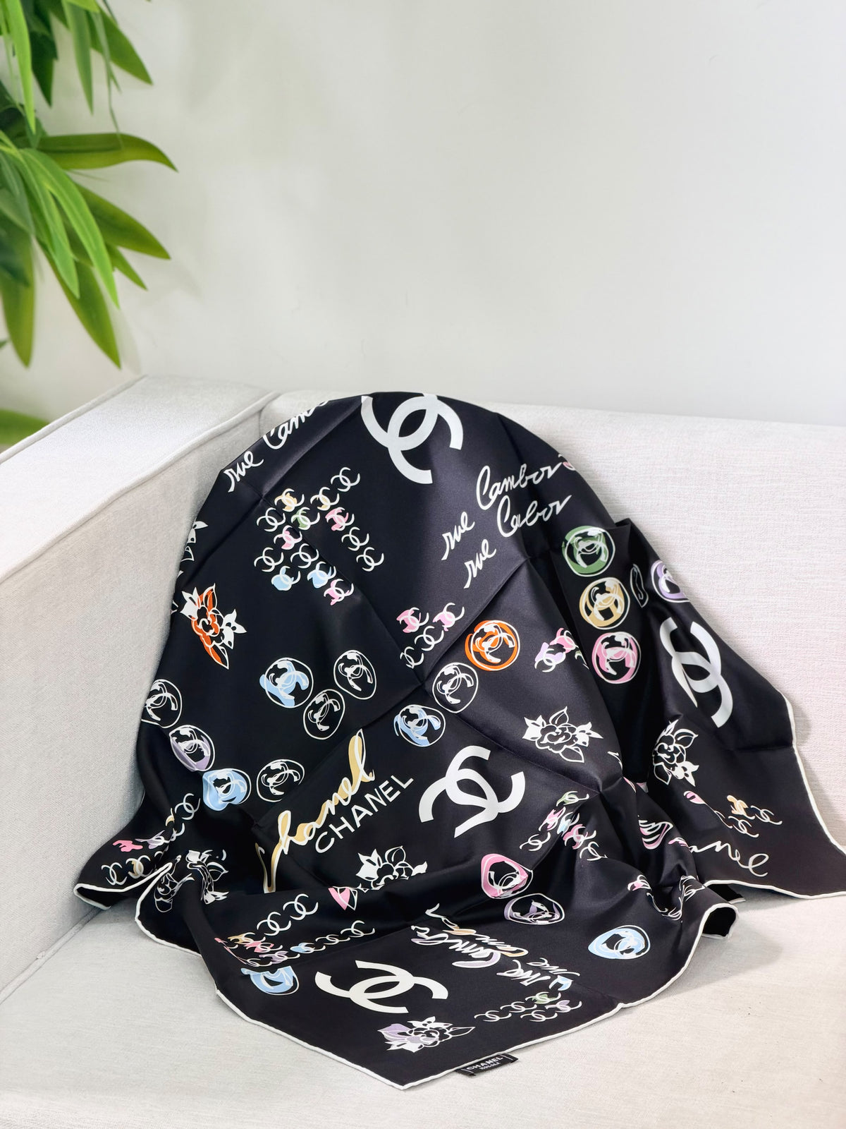 CHANEL Multicolor hand-drawn emblems lettering Square Scarf