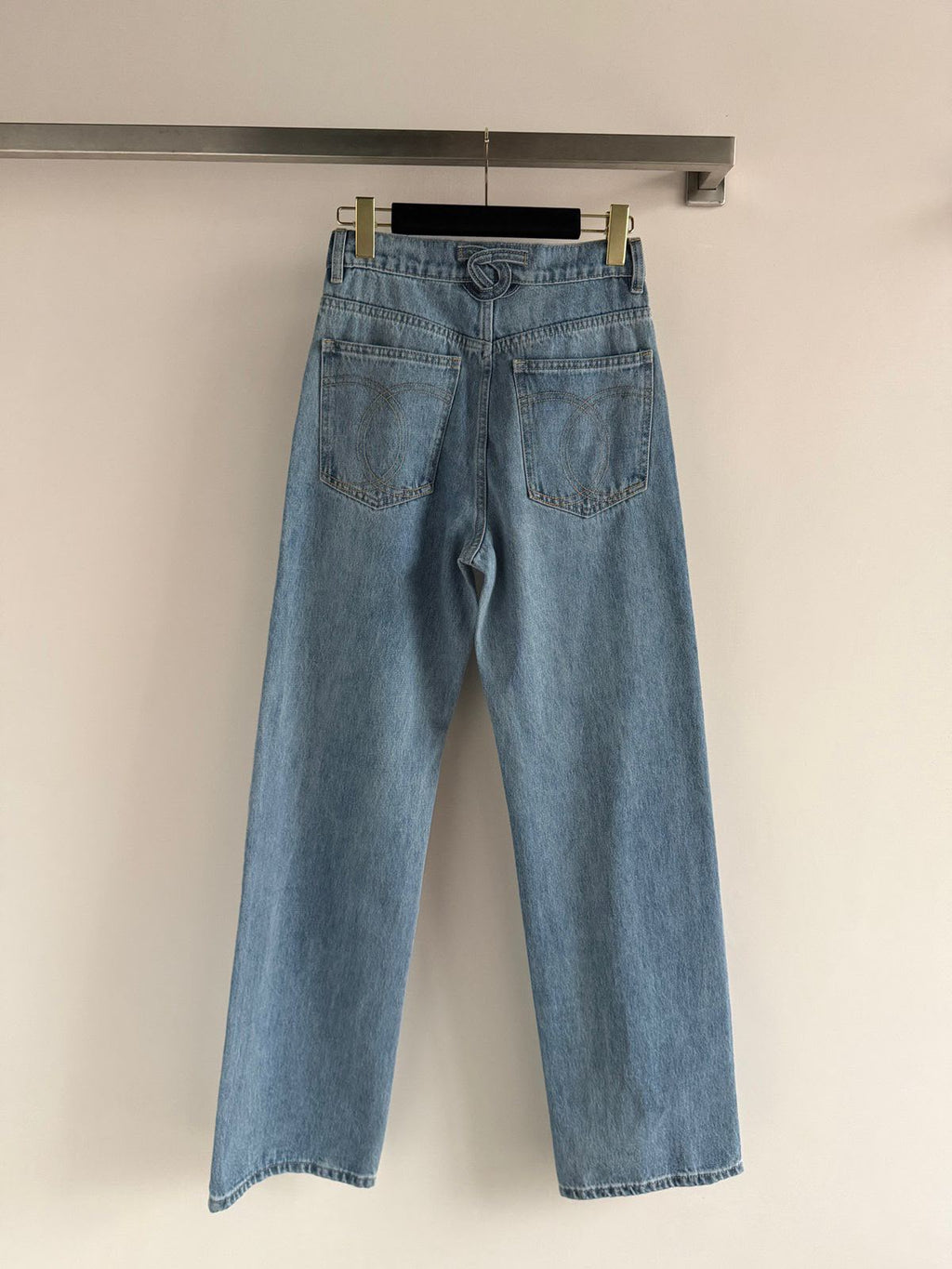 Chanel Light Wash High-Waisted Straight-Leg Denim Jeans with CC