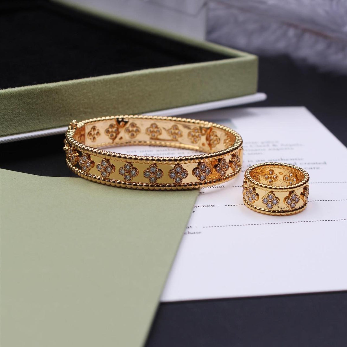 Van Cleef Wide Clover Silver Ring and Bracelet Set