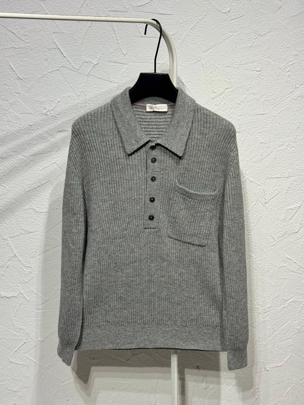 Grey Ribbed Long Sleeve Knit Polo with Chest Pocket