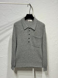 Grey Ribbed Long Sleeve Knit Polo with Chest Pocket