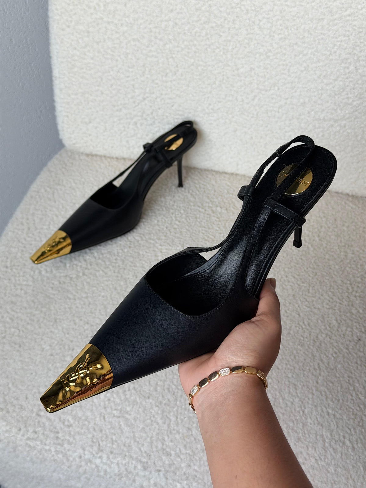 Saint Laurent Jeanne Leather Slingback Pumps with Metal Cap Toe