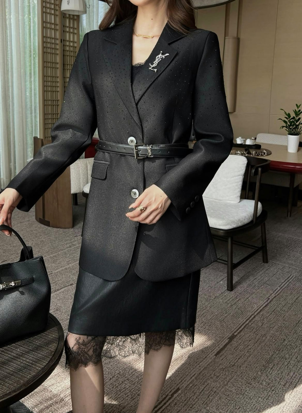 Saint Laurent Tailored Belted Blazer Jacket with YSL Brooch