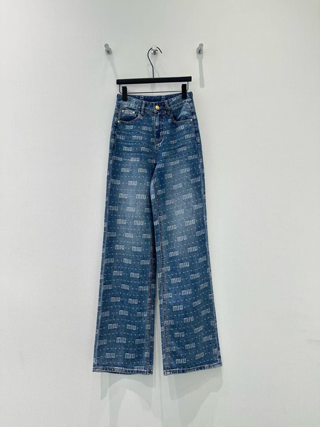 Miu Miu All-Over Logo Print Crystal-Embellished Denim Jeans