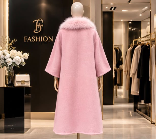 Max Mara Pink Cashmere Coat with Fur Trim