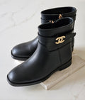 Chanel Black Leather Boot with Gold CC Logo Buckle