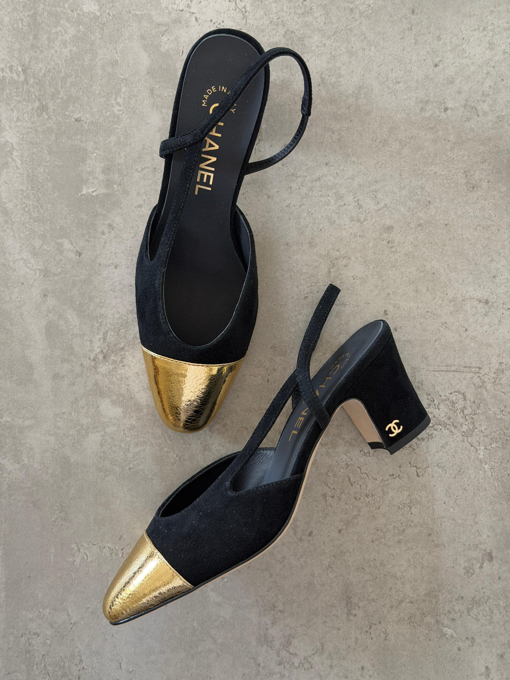 Chanel Black & Gold Cap-Toe Slingback Block Heel Pumps