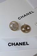 CHANEL – Gold CC Crystal Round Stud Earrings