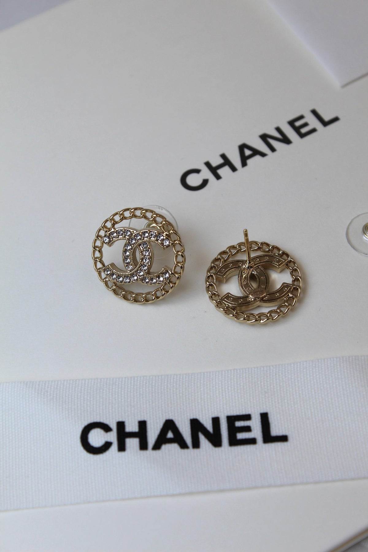 CHANEL – Gold CC Crystal Round Stud Earrings