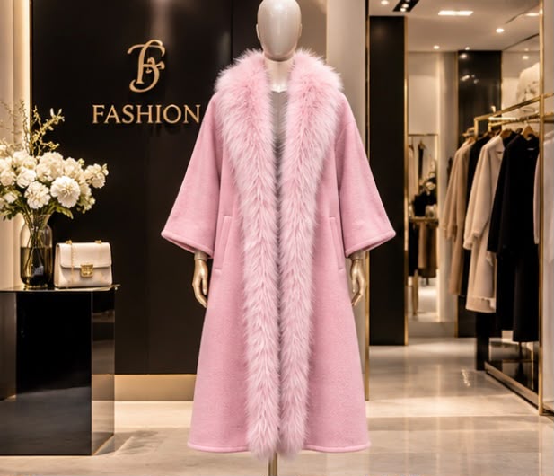 Max Mara Pink Cashmere Coat with Fur Trim