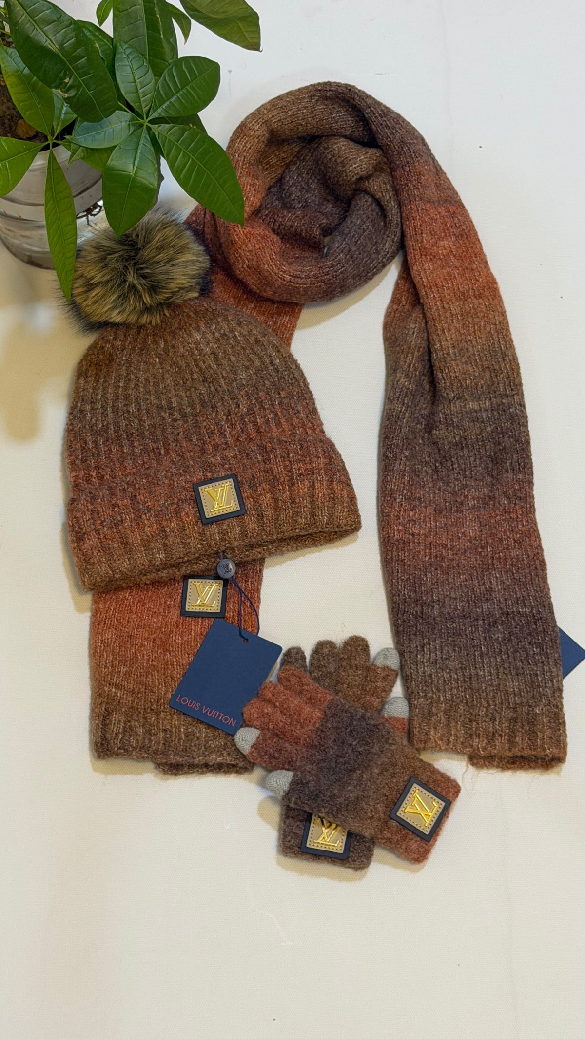 Louis Vuitton Gradient Pom Pom Scarf Beanie & Gloves Set