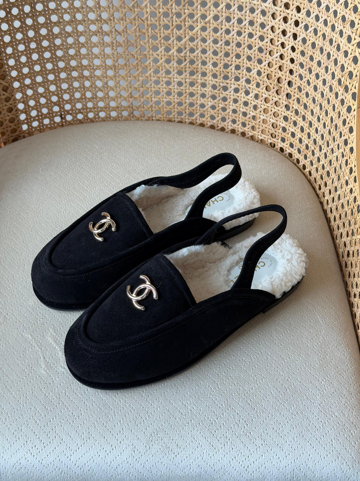 Chanel Shearling-Lined Loafer Mules with CC Logo