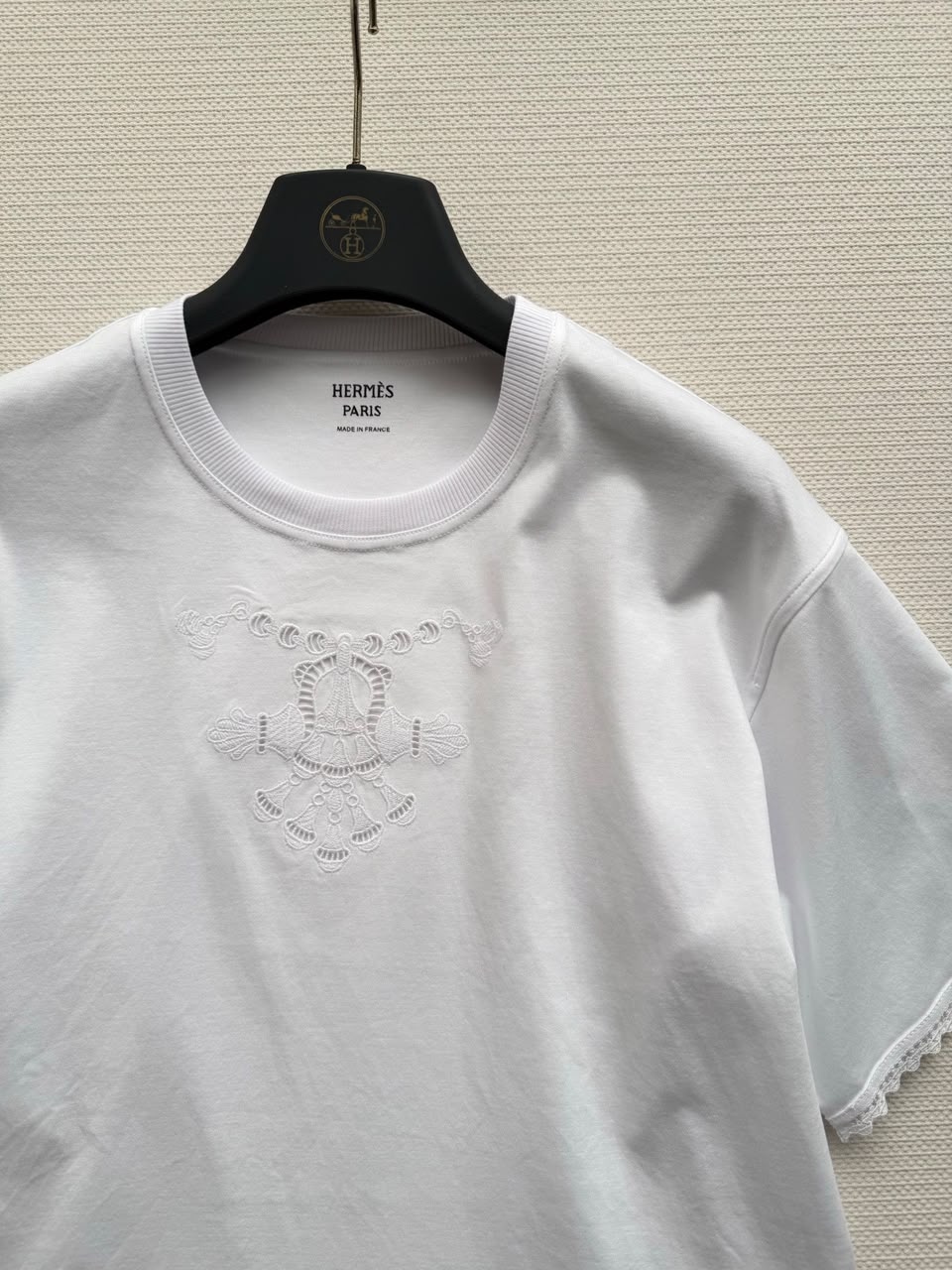 Hermès Tonal Embroidered T-Shirt with Lace Trim