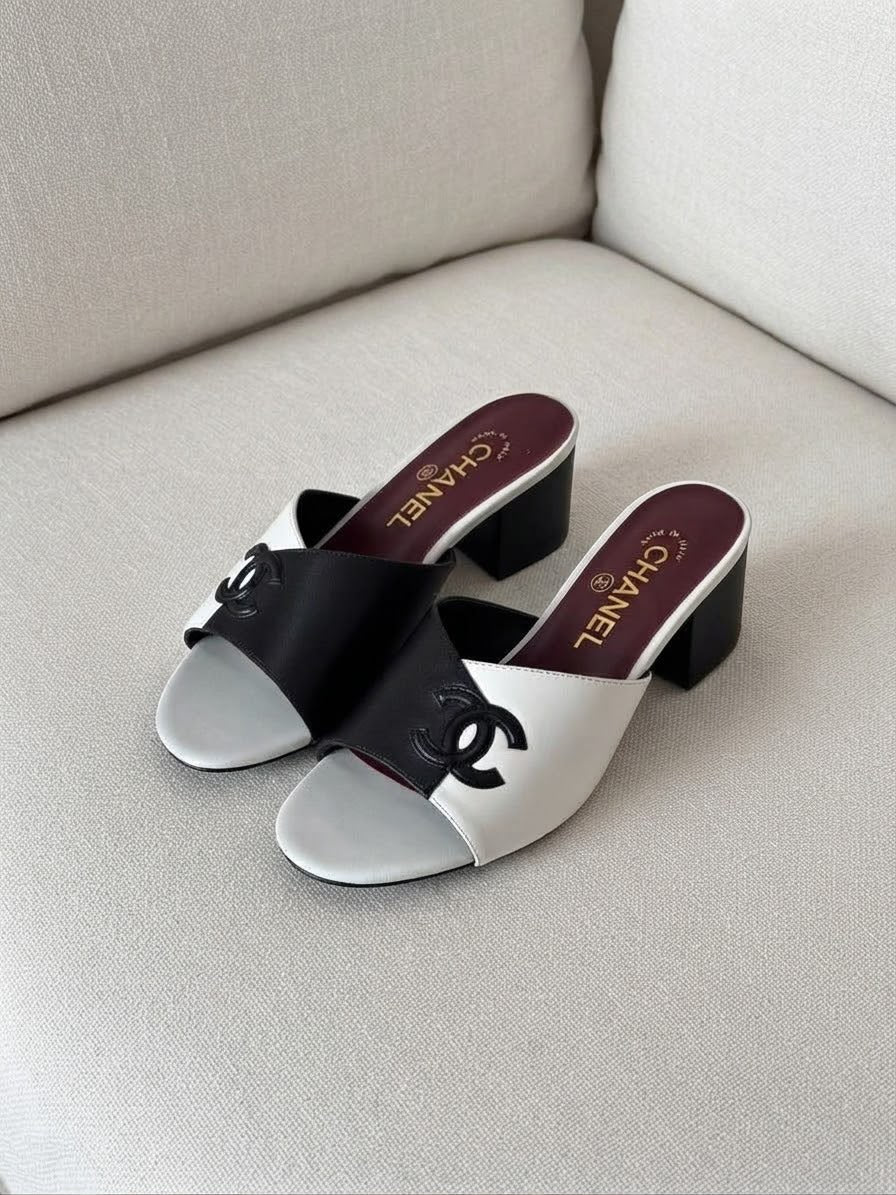 Chanel Two-Tone Leather CC Logo Mules