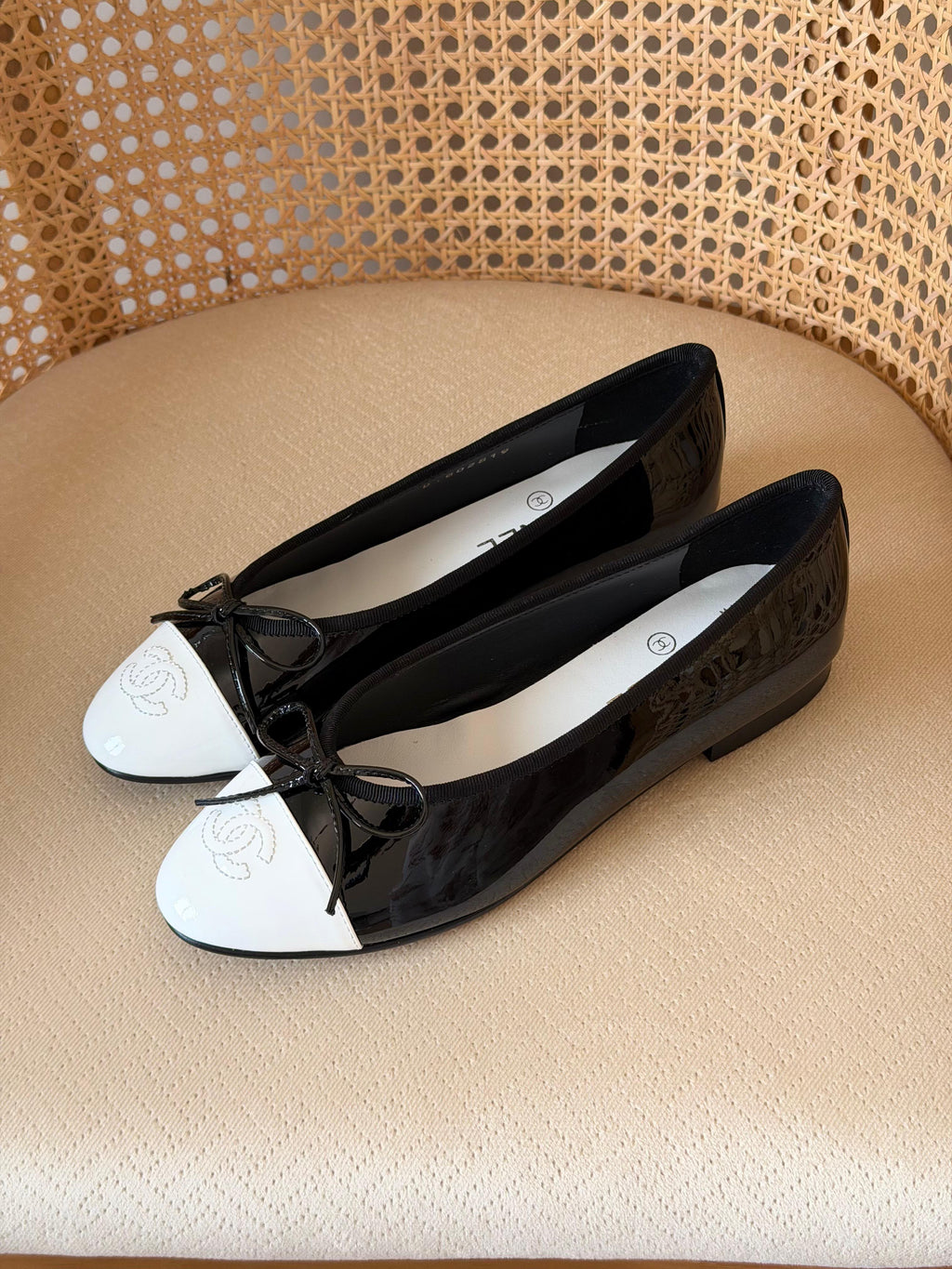 Chanel Two-Tone Patent Leather Ballet Flats with Bow & CC Logo