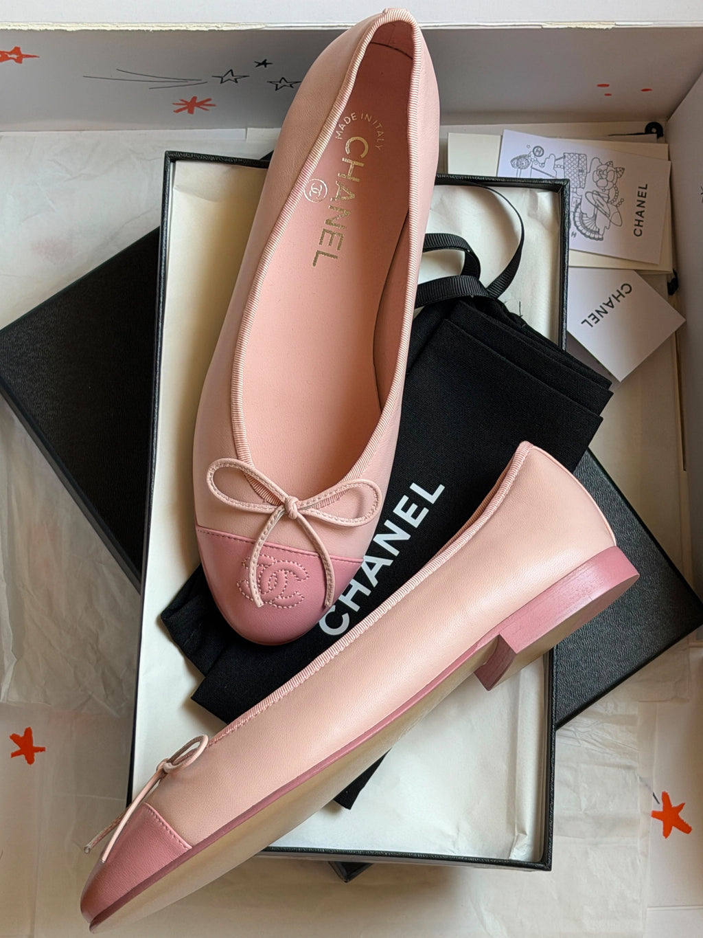Chanel Two-Tone Pink Leather Ballet Flats with Bow & CC Logo
