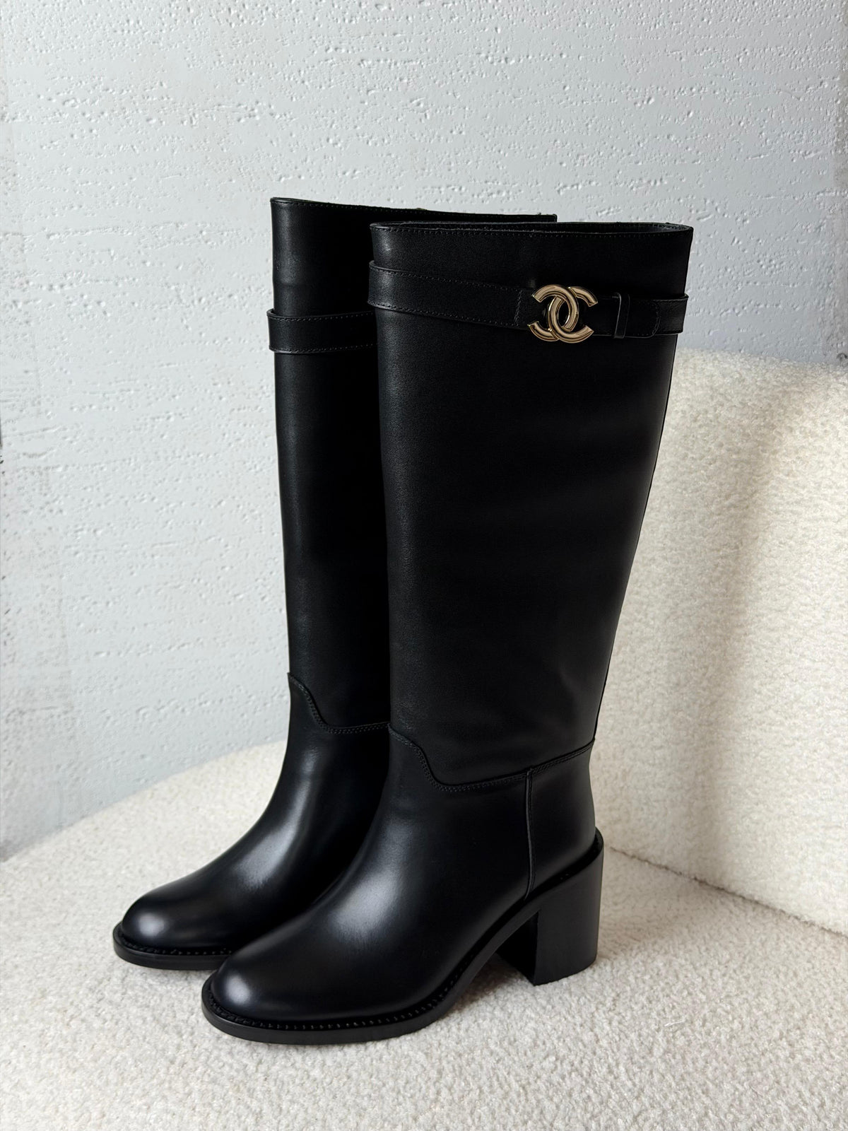 Chanel CC Logo Leather Knee-High Boots