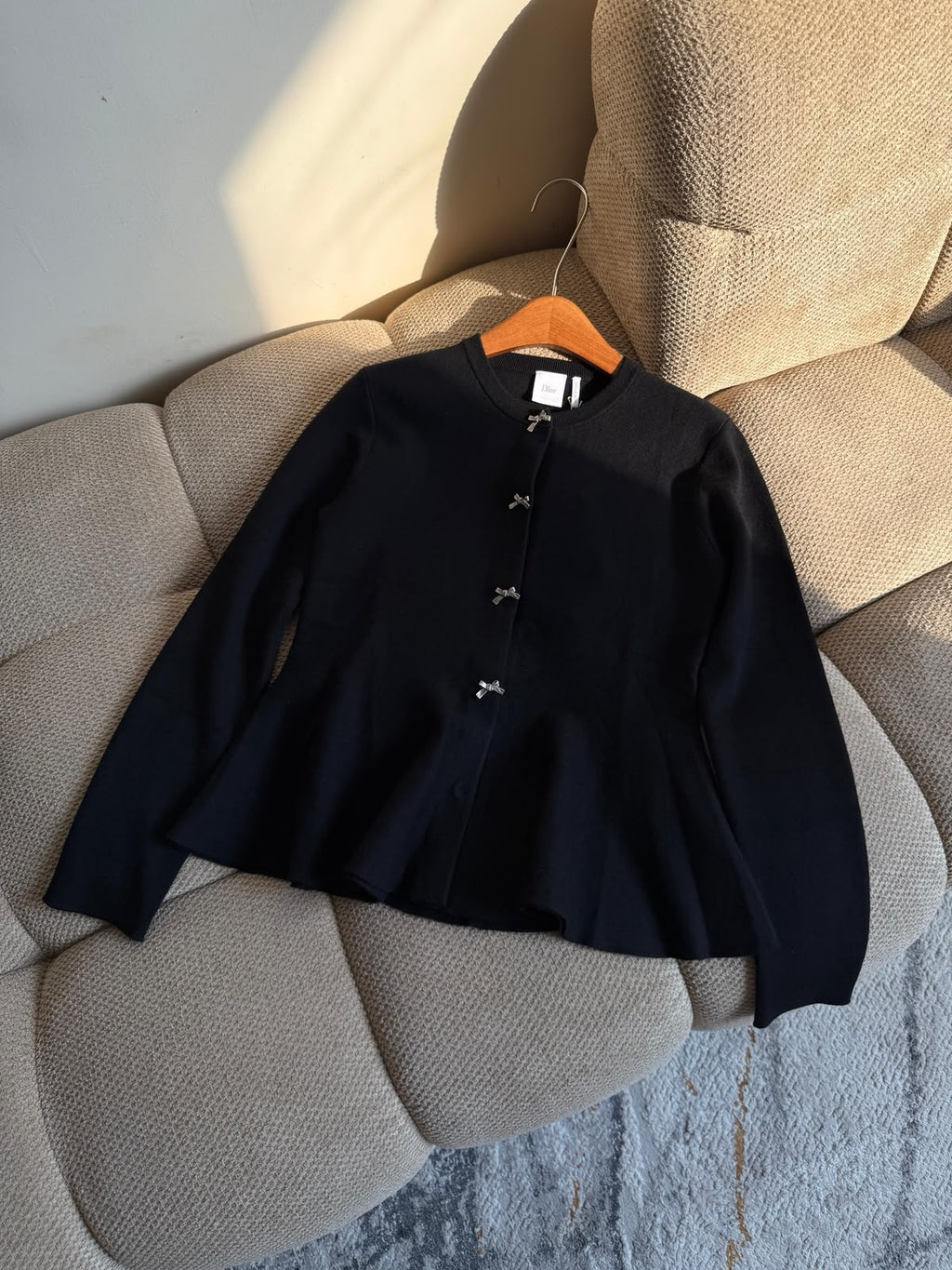 Dior Black Peplum Knit Cardigan with Crystal Bow Buttons