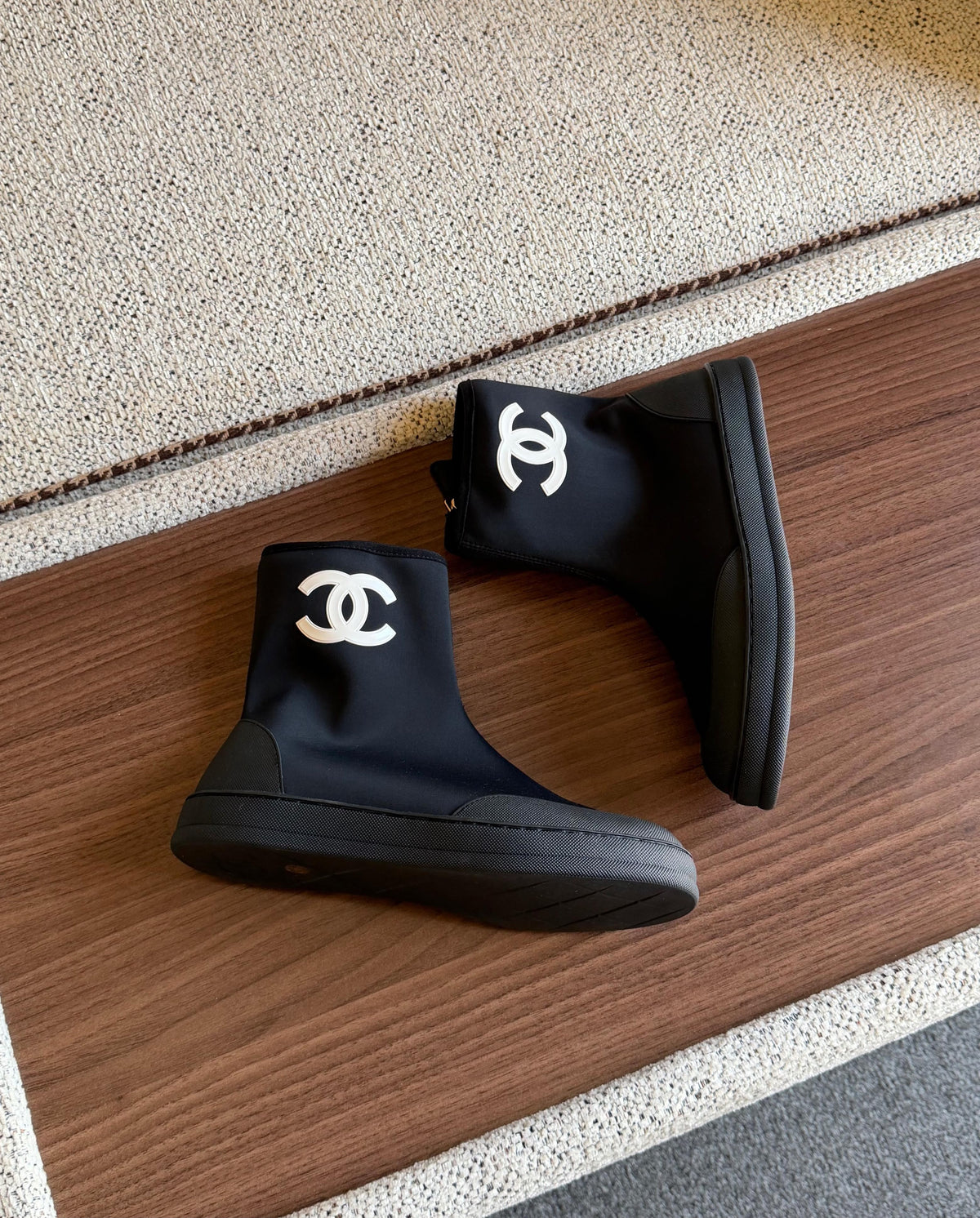 CHANEL Black Fabric & Stretch Ankle Boots