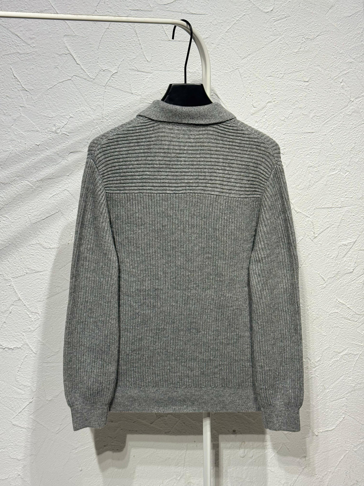 Brunello Cucinelli Men Grey Ribbed Pocket Polo Sweater