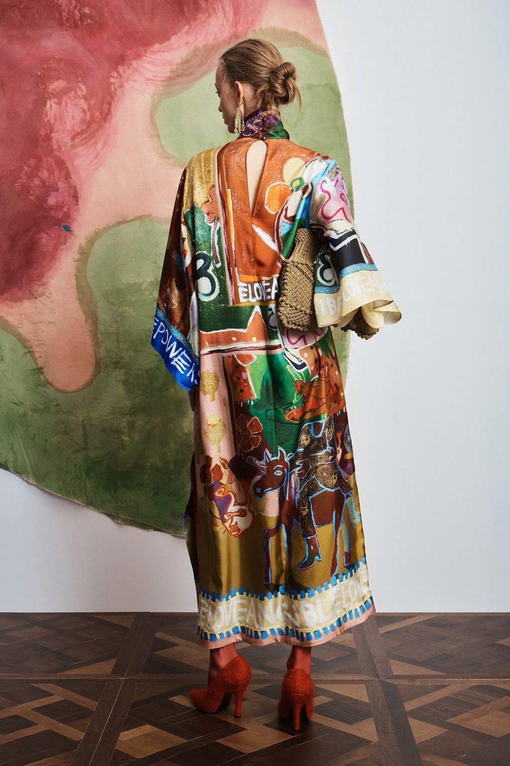 Alémais Multi-Color Scenic Print Silk Maxi Dress with Mock Neck and Tie Belt