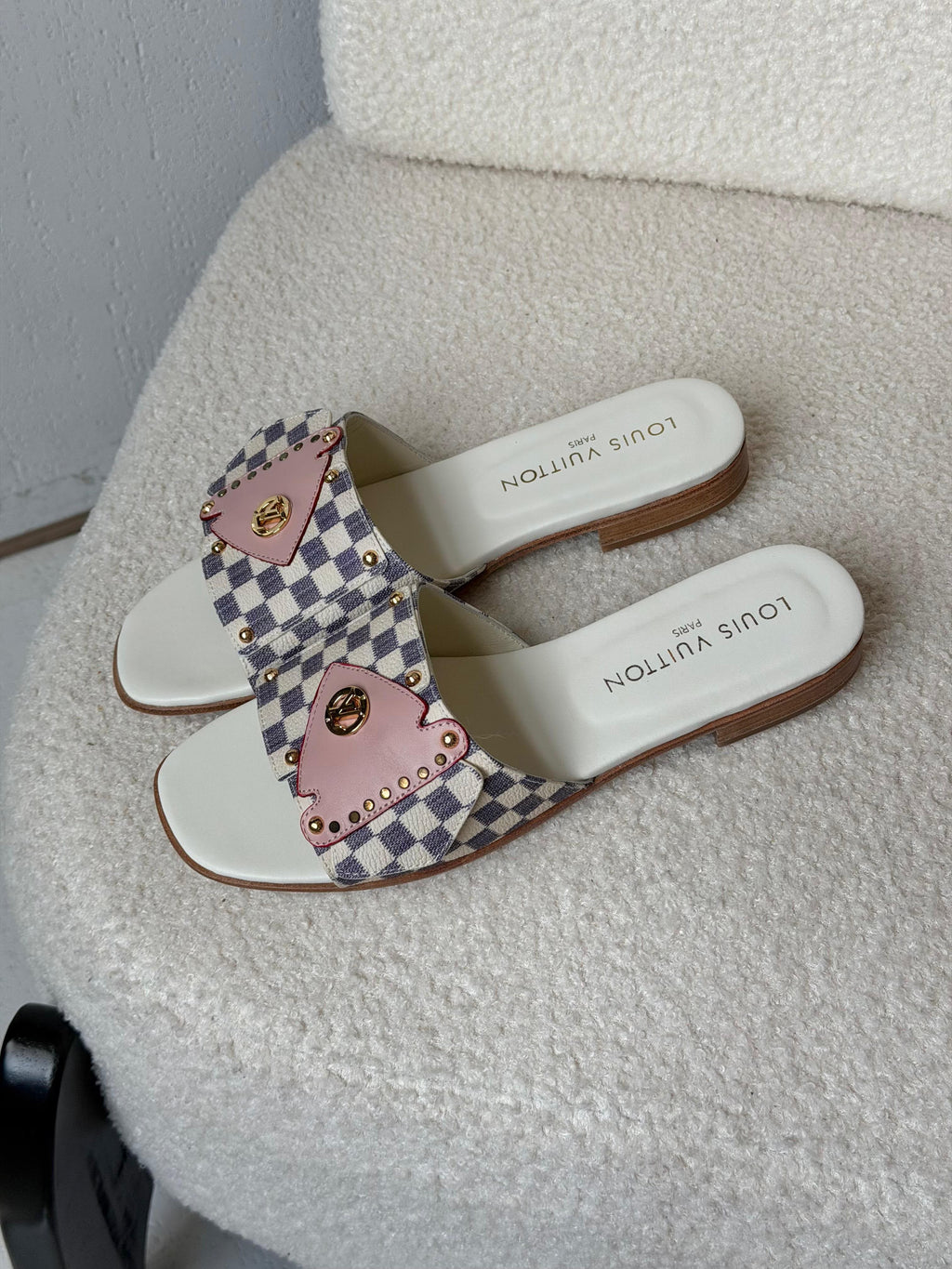 Louis Vuitton Damier Ebene Studded Flat Slide Sandals