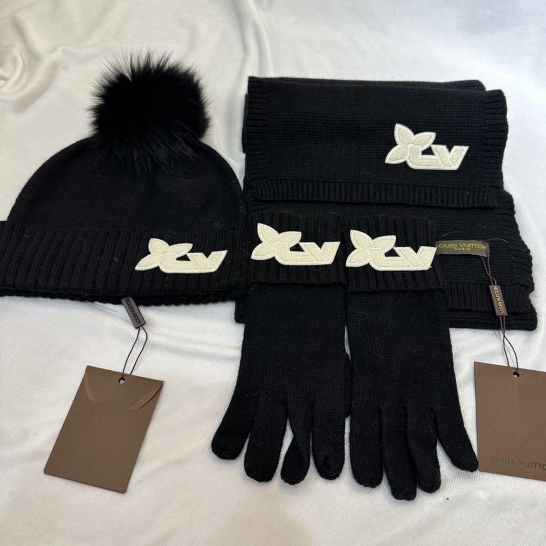 Louis Vuitton Flower Logo Pom Pom Scarf Beanie & Gloves Set